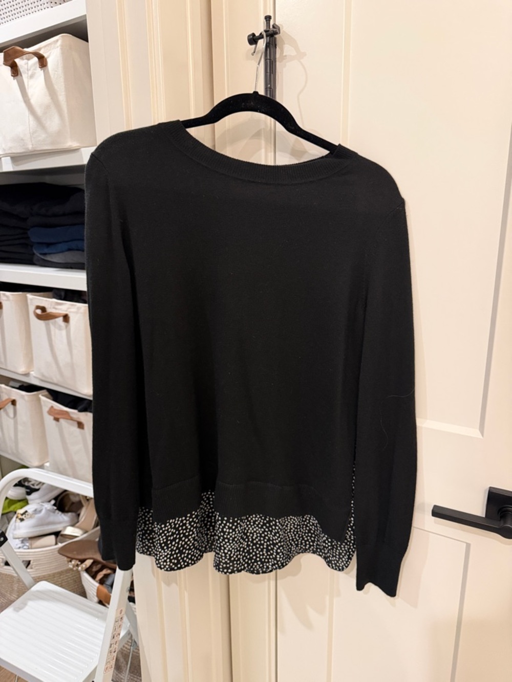 LOFT Black Long-Sleeve Sweater Top with Dotted Layered Hem
